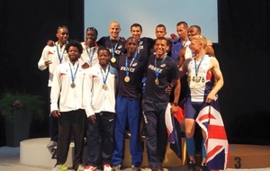 Le podium du 4x100m, USA, France et Grande Bretagne !